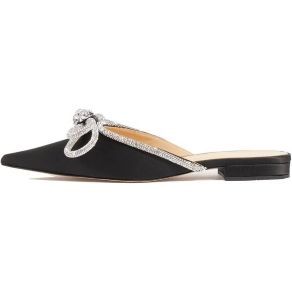 Divanne Black Women Heels Pointed Toe Backless Mules Rhinestone Bow Slip On - Picture 1 of 5
